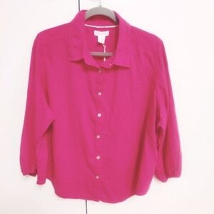 Cynthia Rowley Top Blouse Collared Linen Blend Pink 3/4 Sleeve V-Neck NWT